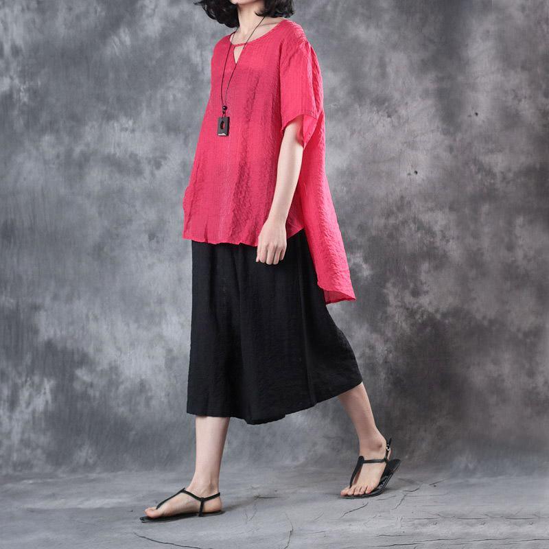 new red stylish silk linen t shirt casual vintage crop pants tops and pants two pieces - Omychic