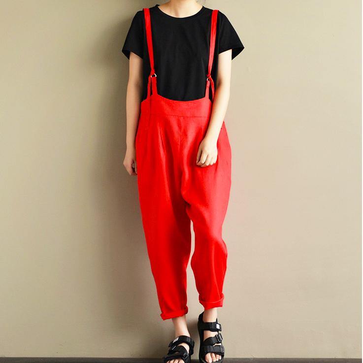 new red summer loose linen pant plus size casual jumpsuit pants - Omychic