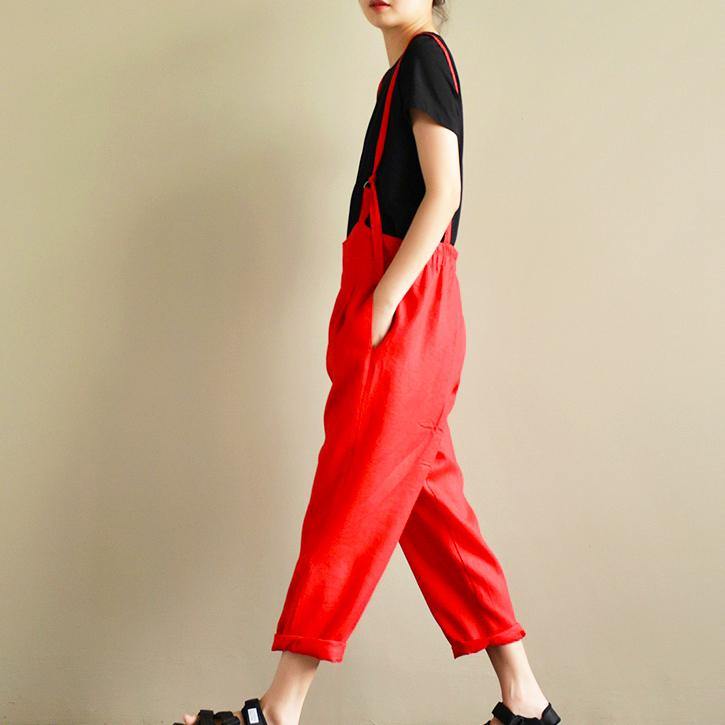 new red summer loose linen pant plus size casual jumpsuit pants - Omychic