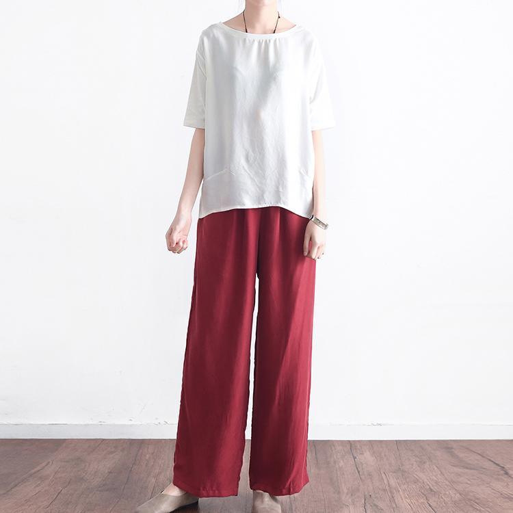 new red vintage loose casual silk trousers elastic waist pant - Omychic