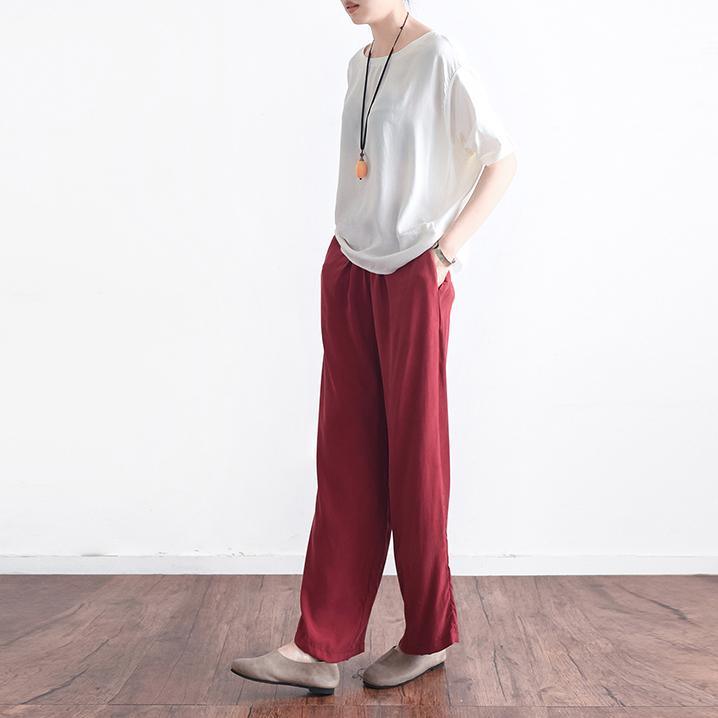 new red vintage loose casual silk trousers elastic waist pant - Omychic