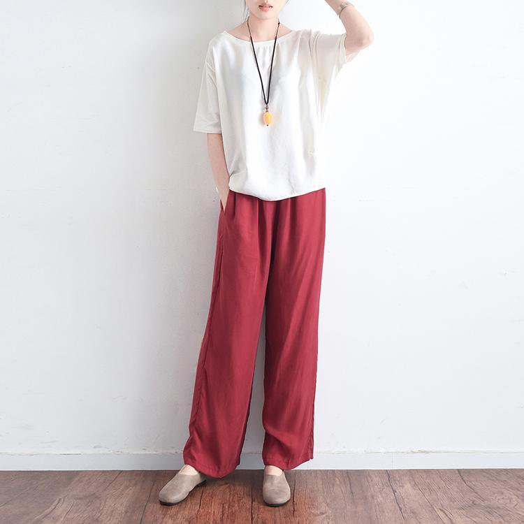 new red vintage loose casual silk trousers elastic waist pant - Omychic