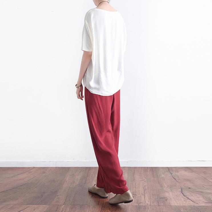 new red vintage loose casual silk trousers elastic waist pant - Omychic