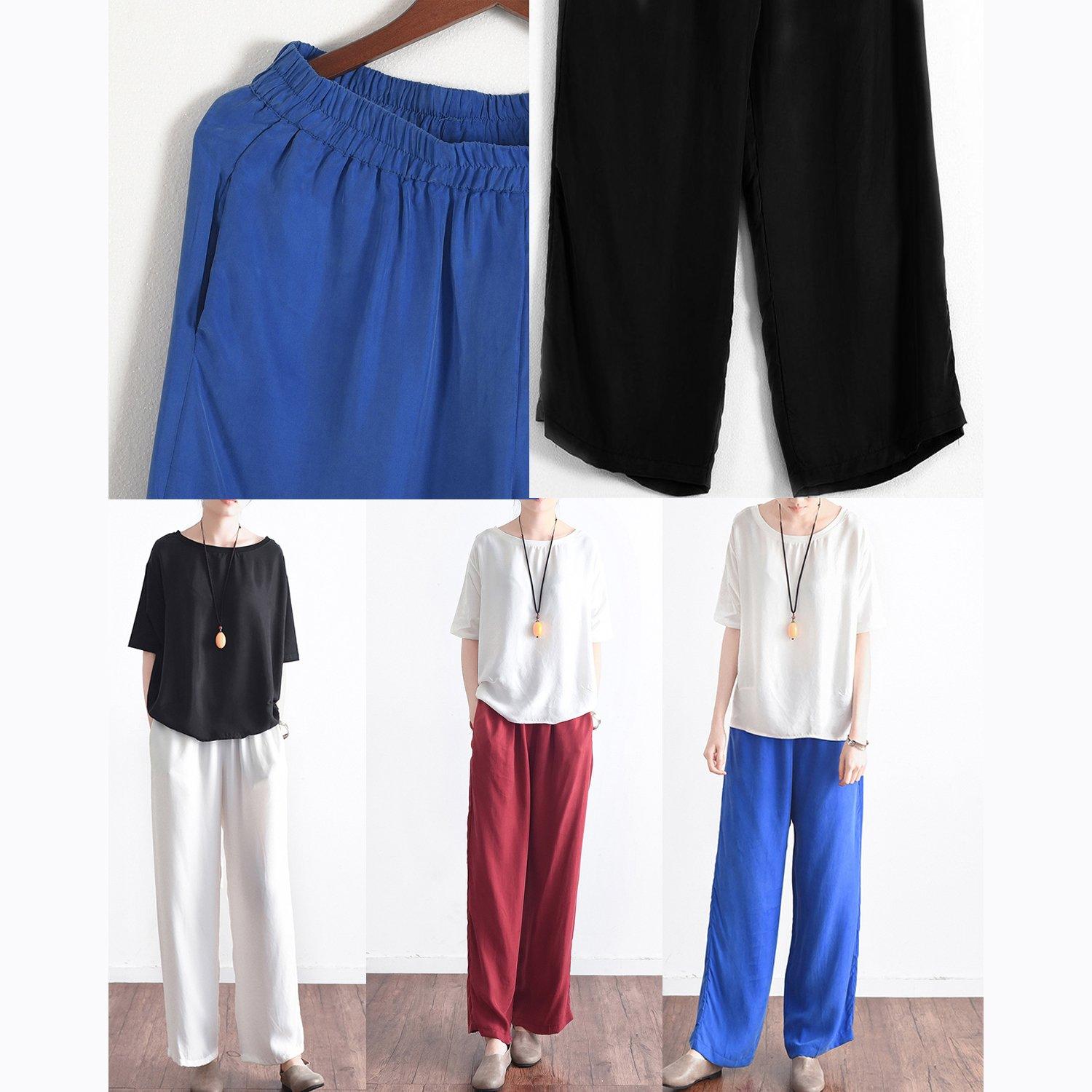 new red vintage loose casual silk trousers elastic waist pant - Omychic