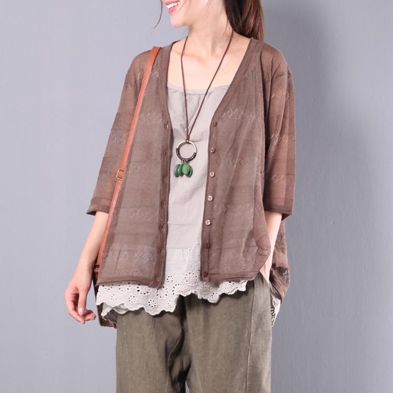 new stylish knitting cotton blouse brown oversize hollow out cardigans - Omychic