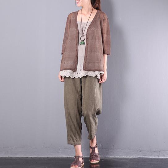 new stylish knitting cotton blouse brown oversize hollow out cardigans - Omychic