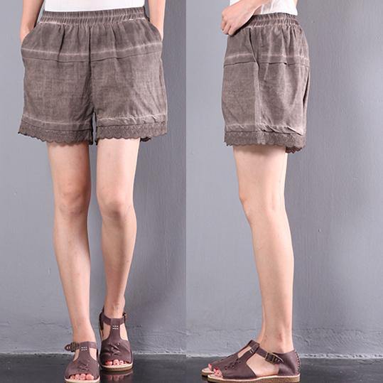 new summer brwon stylish cotton pants oversize elastic waist shorts - Omychic