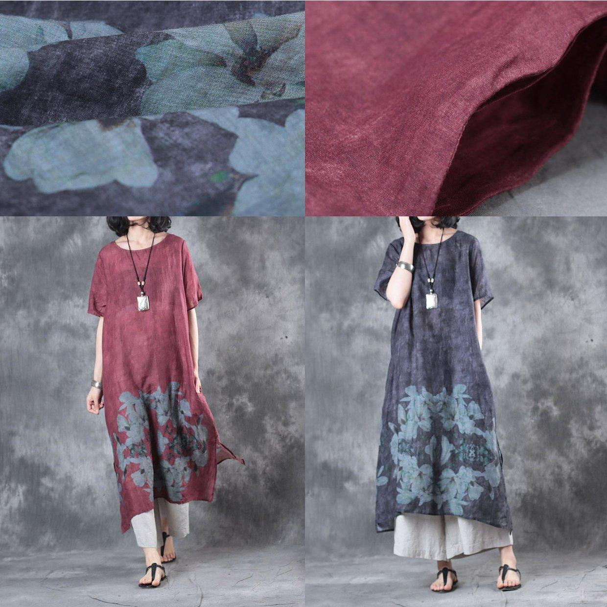 new summer burgundy prints linen casual dresses oversize vintage sundress o neck maxi dress - Omychic