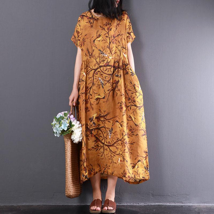 New Summer Yellow Print Linen Dresses Plus Size High Waist Sundress Short Sleeve Maxi Dress - Omychic