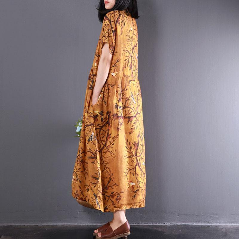 New Summer Yellow Print Linen Dresses Plus Size High Waist Sundress Short Sleeve Maxi Dress - Omychic