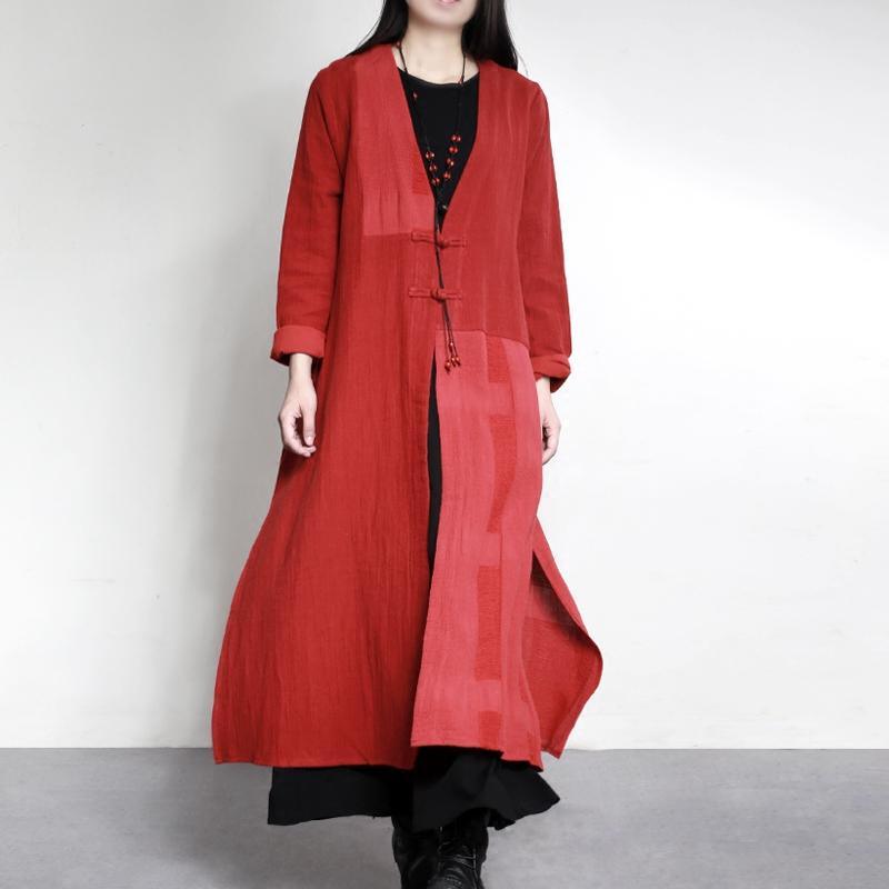 new vintage red patchwork maxi cardigans plus size Chinese Button casual trench coats - Omychic