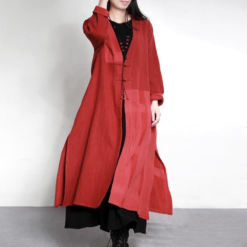 new vintage red patchwork maxi cardigans plus size Chinese Button casual trench coats - Omychic