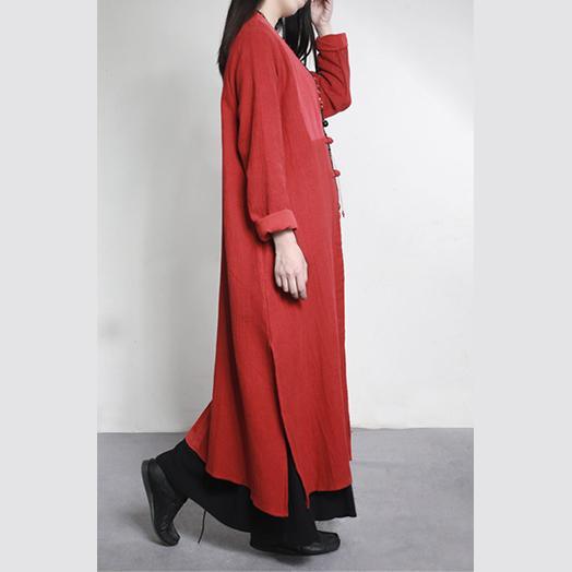 new vintage red patchwork maxi cardigans plus size Chinese Button casual trench coats - Omychic