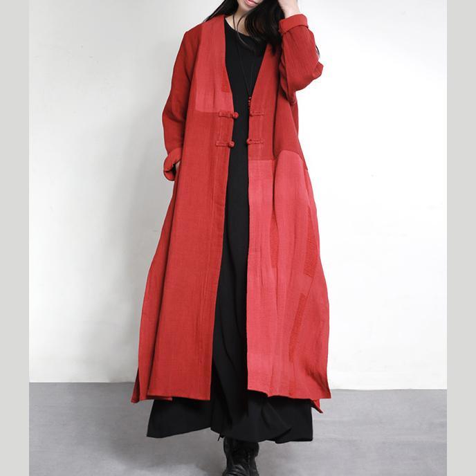 new vintage red patchwork maxi cardigans plus size Chinese Button casual trench coats - Omychic