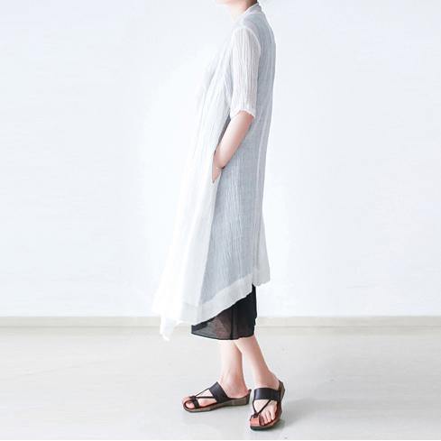 new white asymmetric tops sundress oversize casual linen shirt dress short sleeve cardigans - Omychic