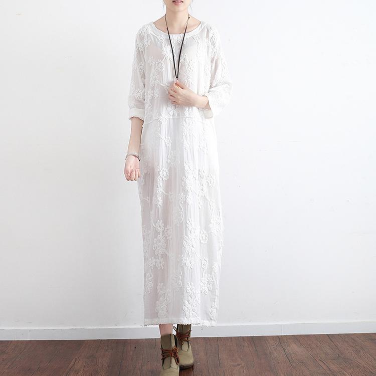 new white embroidery cotton dresses plus size loose sundress vintage long sleeve maxi dress - Omychic