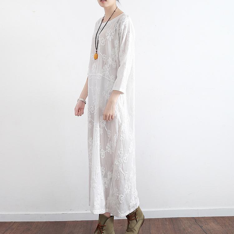 new white embroidery cotton dresses plus size loose sundress vintage long sleeve maxi dress - Omychic