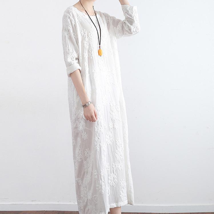 new white embroidery cotton dresses plus size loose sundress vintage long sleeve maxi dress - Omychic