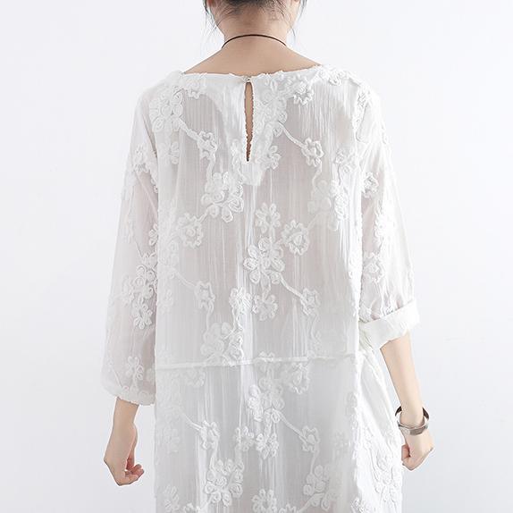 new white embroidery cotton dresses plus size loose sundress vintage long sleeve maxi dress - Omychic