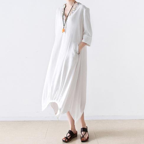 new white embroidery linen dresses silk oversize sundress asymmetric bracelet sleeved maxi dress - Omychic