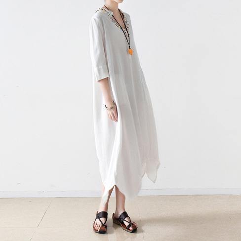 new white embroidery linen dresses silk oversize sundress asymmetric bracelet sleeved maxi dress - Omychic