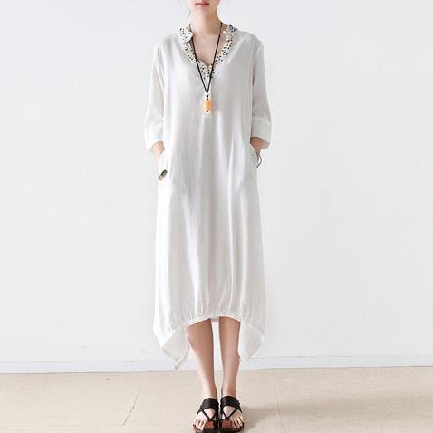 new white embroidery linen dresses silk oversize sundress asymmetric bracelet sleeved maxi dress - Omychic