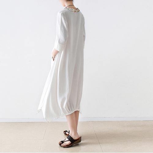 new white embroidery linen dresses silk oversize sundress asymmetric bracelet sleeved maxi dress - Omychic