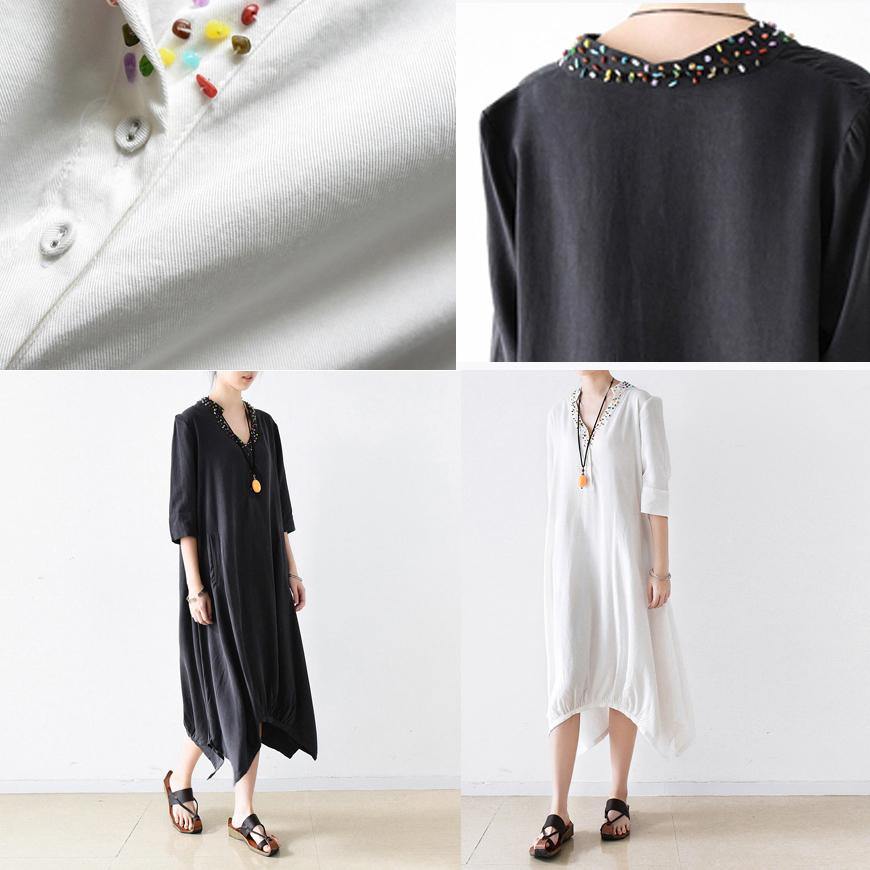 new white embroidery linen dresses silk oversize sundress asymmetric bracelet sleeved maxi dress - Omychic