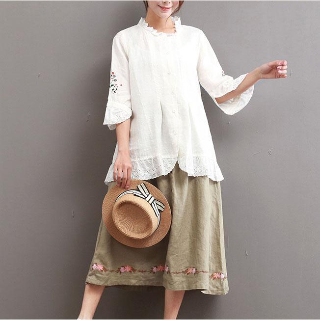 new white embroidery tops summer casual  mid blouse bracelet sleeved shirt - Omychic