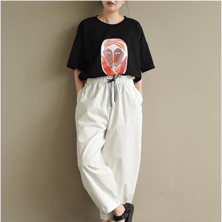 new white loose cotton trousers oversize elastic waist pants - Omychic