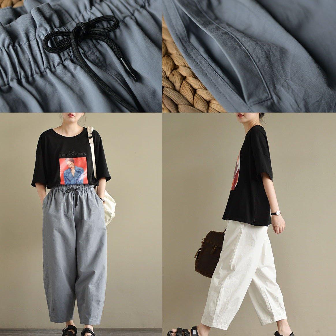 new white loose cotton trousers oversize elastic waist pants - Omychic
