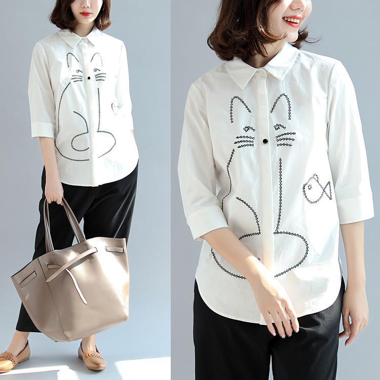 new white love cats cotton tops stylish loose blouse half sleeve shirts - Omychic