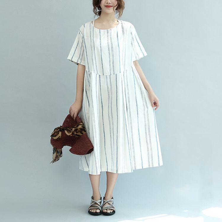 new white patchwork striped cotton sundress plus size traveling dresses o neck maxi dress - Omychic