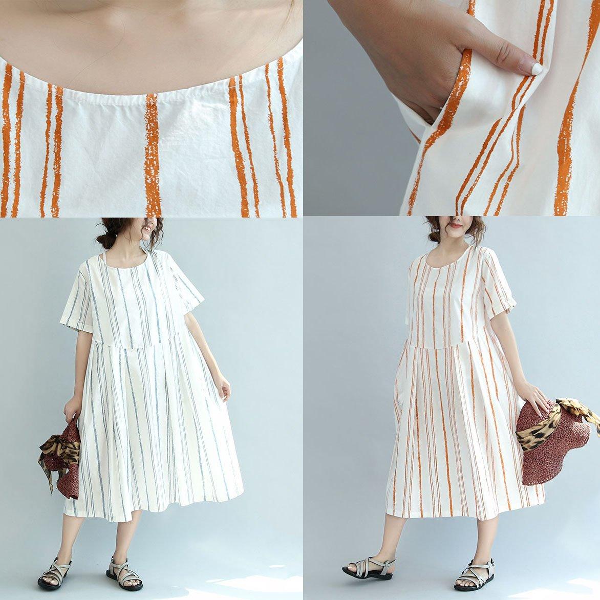 new white patchwork striped cotton sundress plus size traveling dresses o neck maxi dress - Omychic