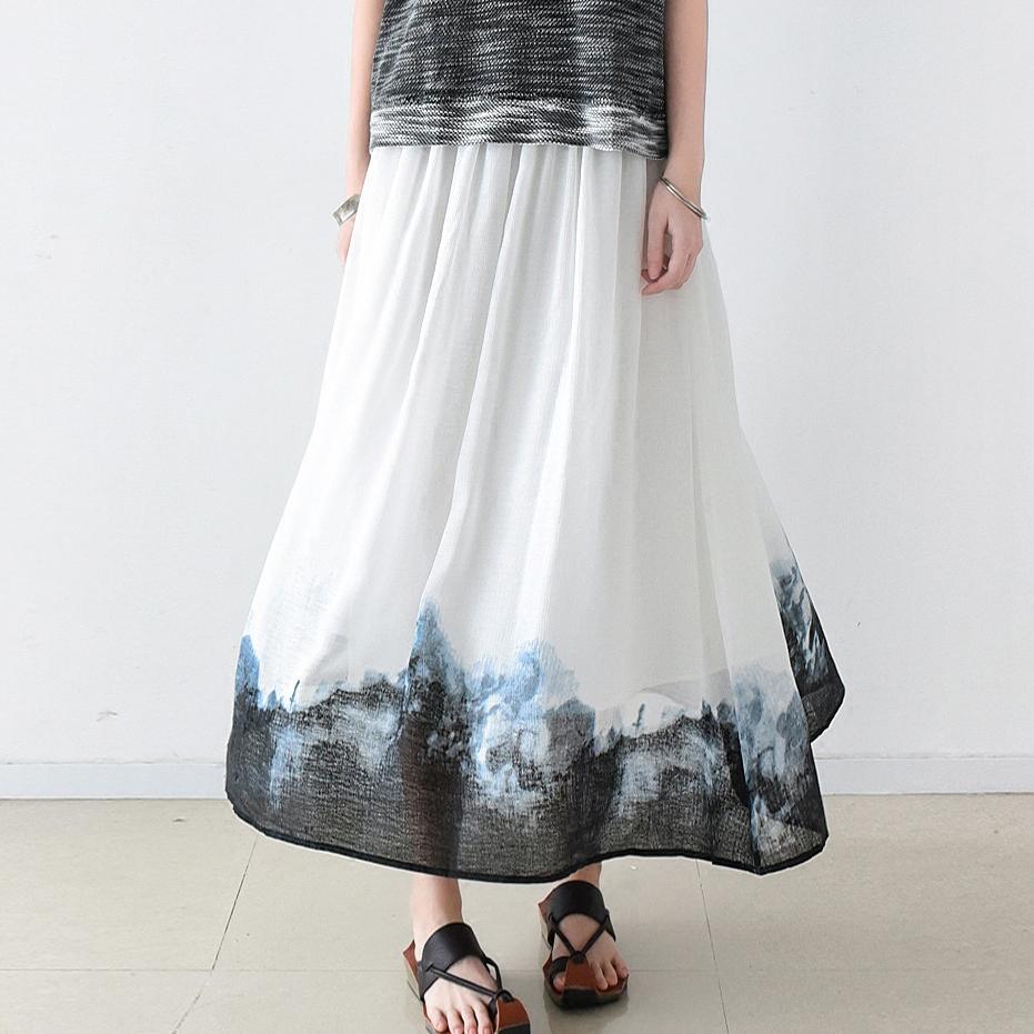 new white print casual chiffon skirts large hem stylish maxi skirts - Omychic