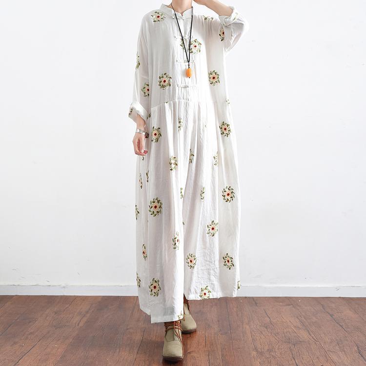 New White Prints Maxi Dress Plus Size Casual Dresses Long Sleeve Gowns - Omychic