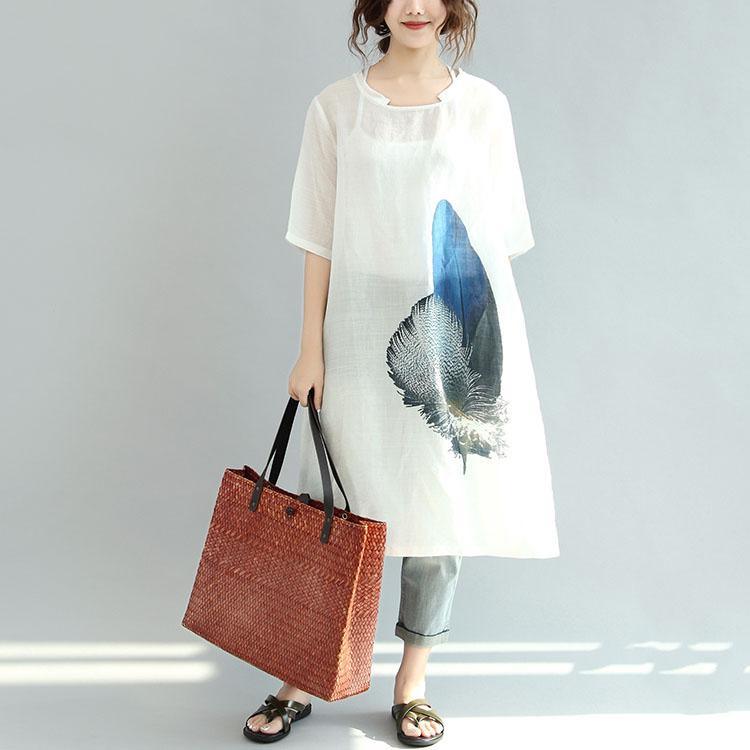 new white prints linen dresses oversize casual sundress o neck mid dress - Omychic