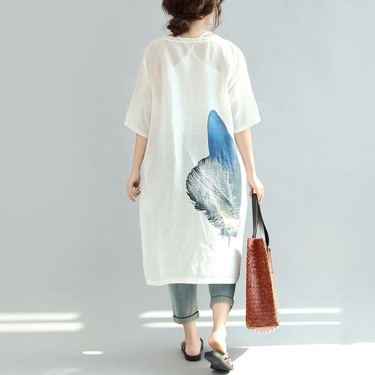 new white prints linen dresses oversize casual sundress o neck mid dress - Omychic
