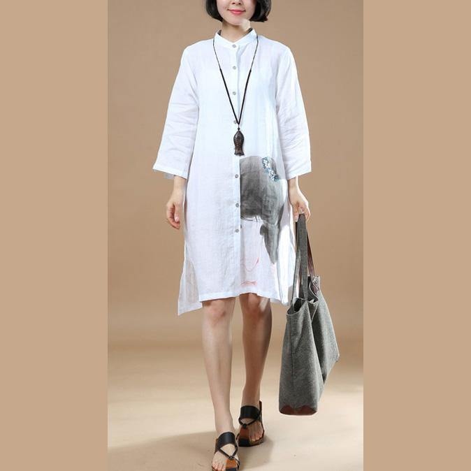 new white prints linen shirt oversize casual blouse lapel collar mid  tops - Omychic