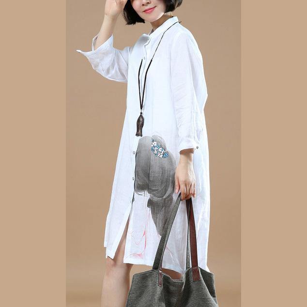 new white prints linen shirt oversize casual blouse lapel collar mid  tops - Omychic