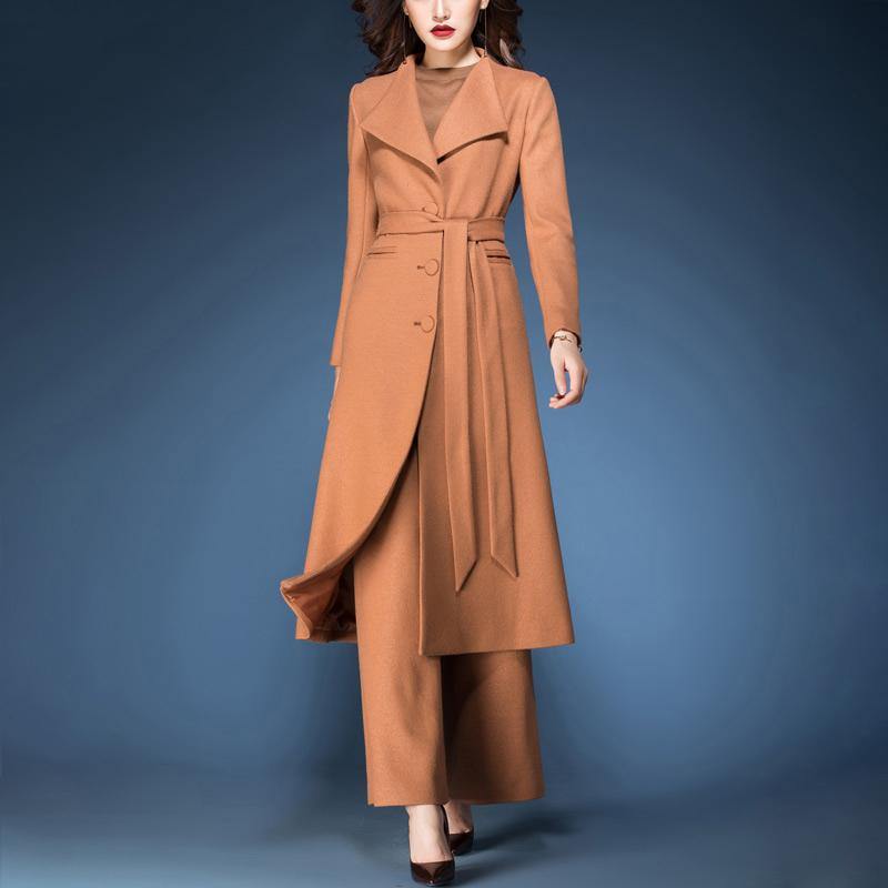 new winter fashoion two pieces woolen blended tie waist trench coats and side open wide leg pants - Omychic