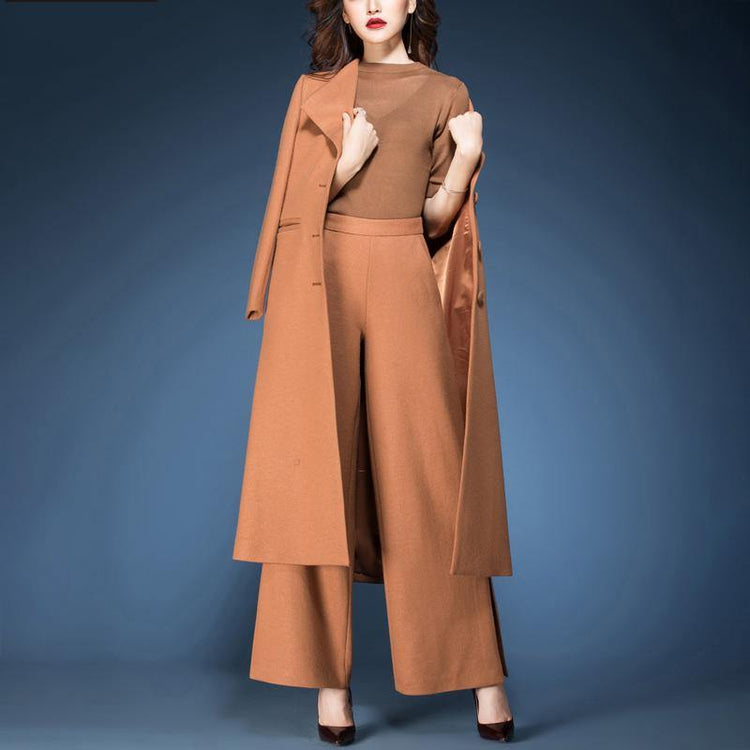 new winter fashoion two pieces woolen blended tie waist trench coats and side open wide leg pants - Omychic