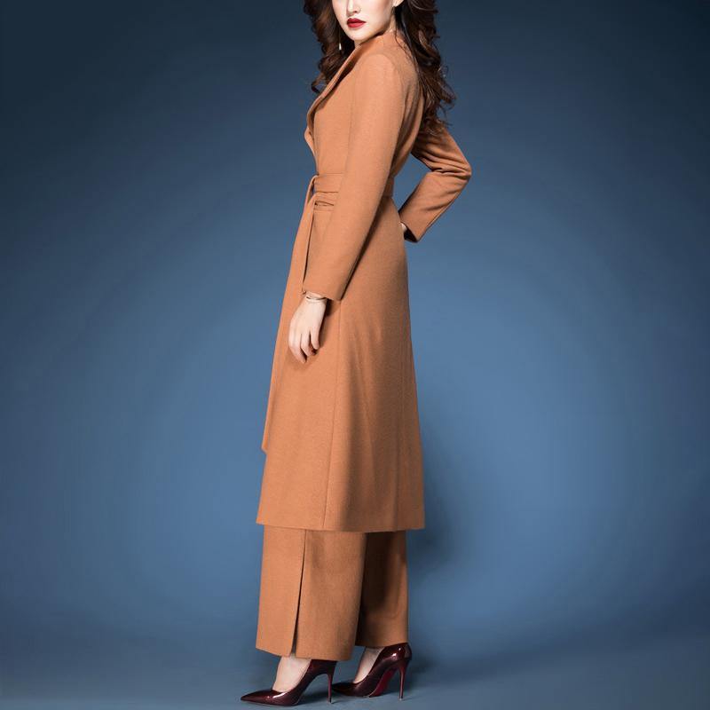 new winter fashoion two pieces woolen blended tie waist trench coats and side open wide leg pants - Omychic