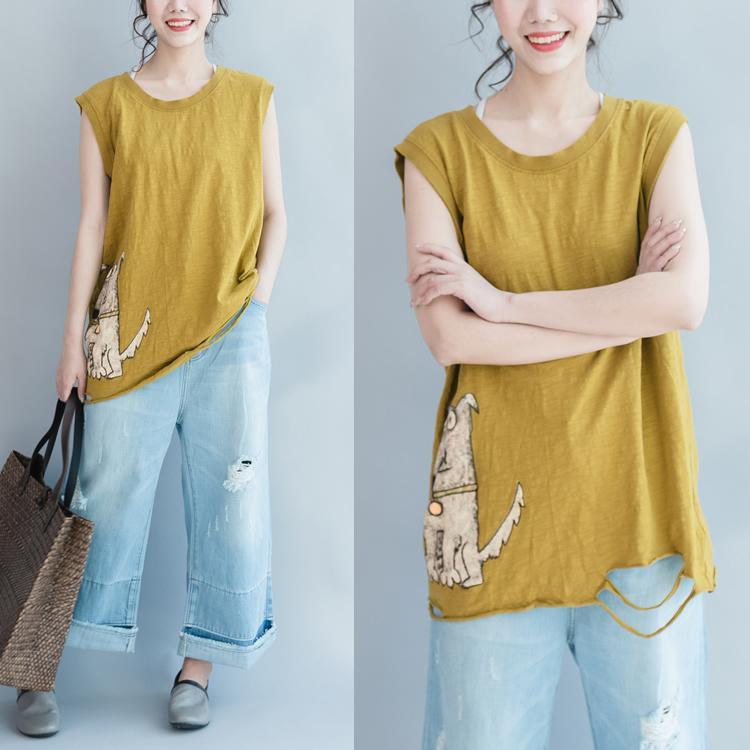 new yellow aminmal casual t shirt oversize cotton sleeveless tank top - Omychic