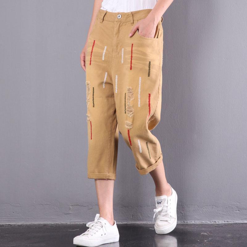 new yellow casual cotton  ripped jeans oversize embroidery elastic waist pants - Omychic