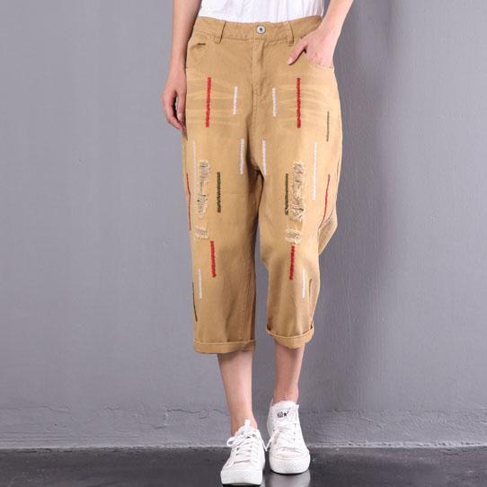 new yellow casual cotton  ripped jeans oversize embroidery elastic waist pants - Omychic