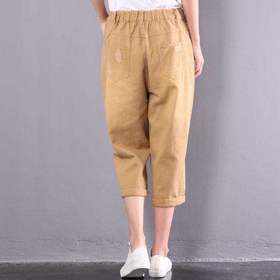 new yellow casual cotton  ripped jeans oversize embroidery elastic waist pants - Omychic