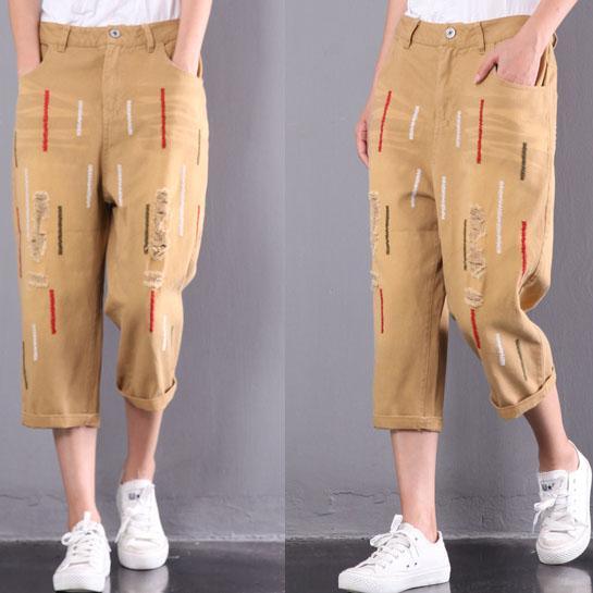 new yellow casual cotton  ripped jeans oversize embroidery elastic waist pants - Omychic
