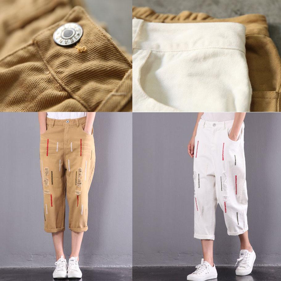 new yellow casual cotton  ripped jeans oversize embroidery elastic waist pants - Omychic