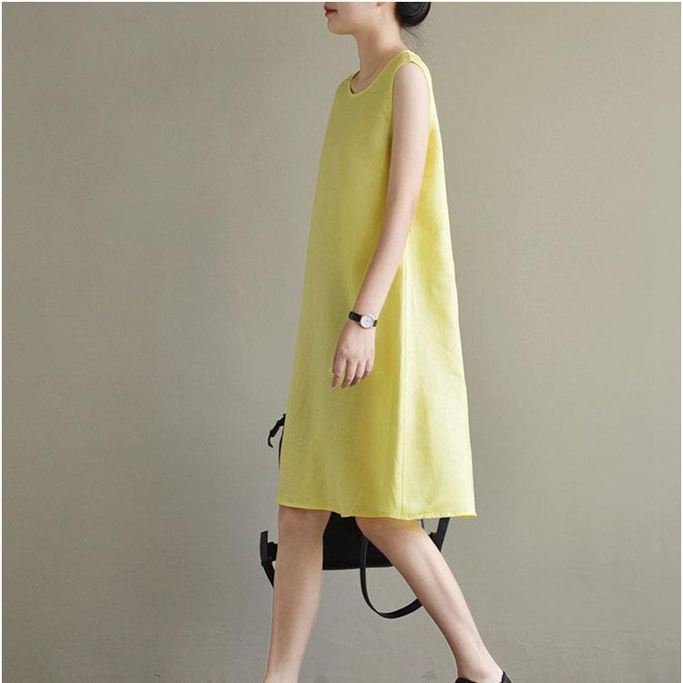 new yellow cute elegant linen sundress plus size casual dresses sleeveless slim women dress - Omychic